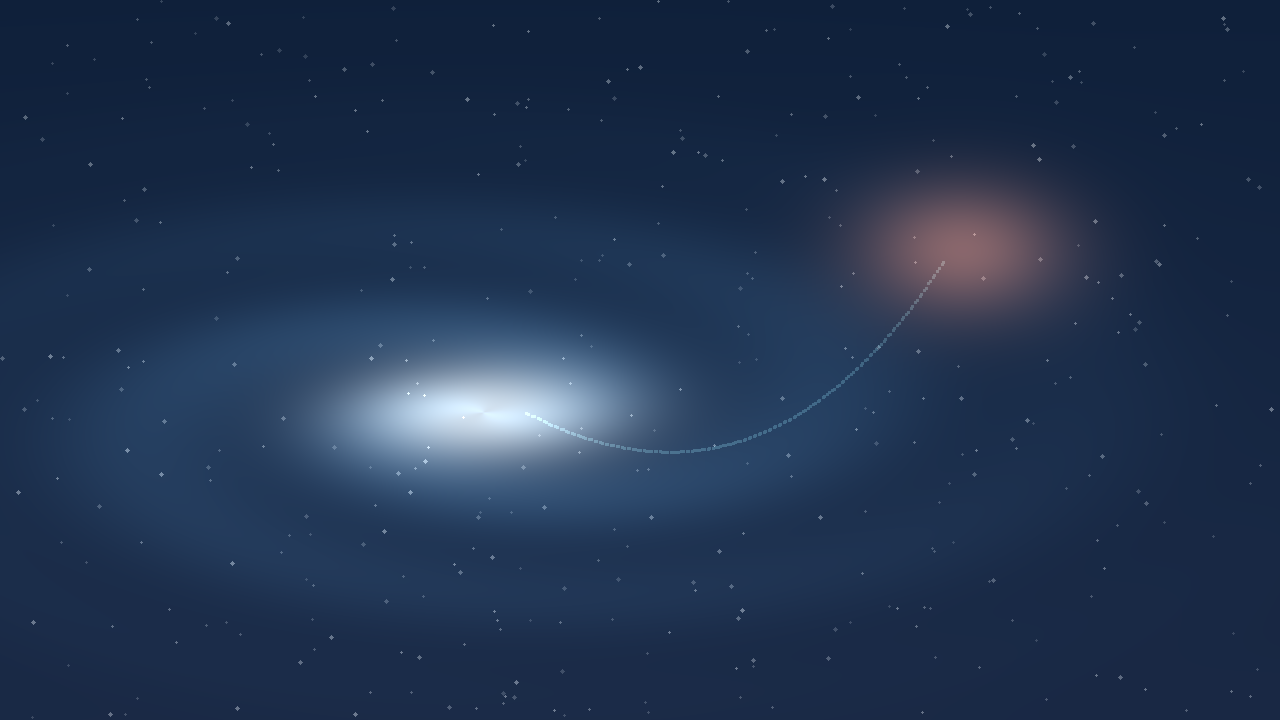 原创概念示意:代表年轻银河系与矮星系的两块发光区域之间,以虚线箭头表示报道中的早期并合线索